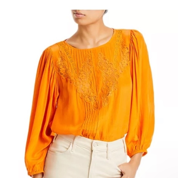 FARM Rio Tops - Farm Rio Lace Trim Embroidered Top Boho Tangerine Orange Maximalist Size Small